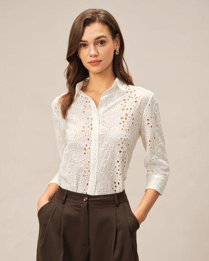 Off White Floral Textured Collar Shirt