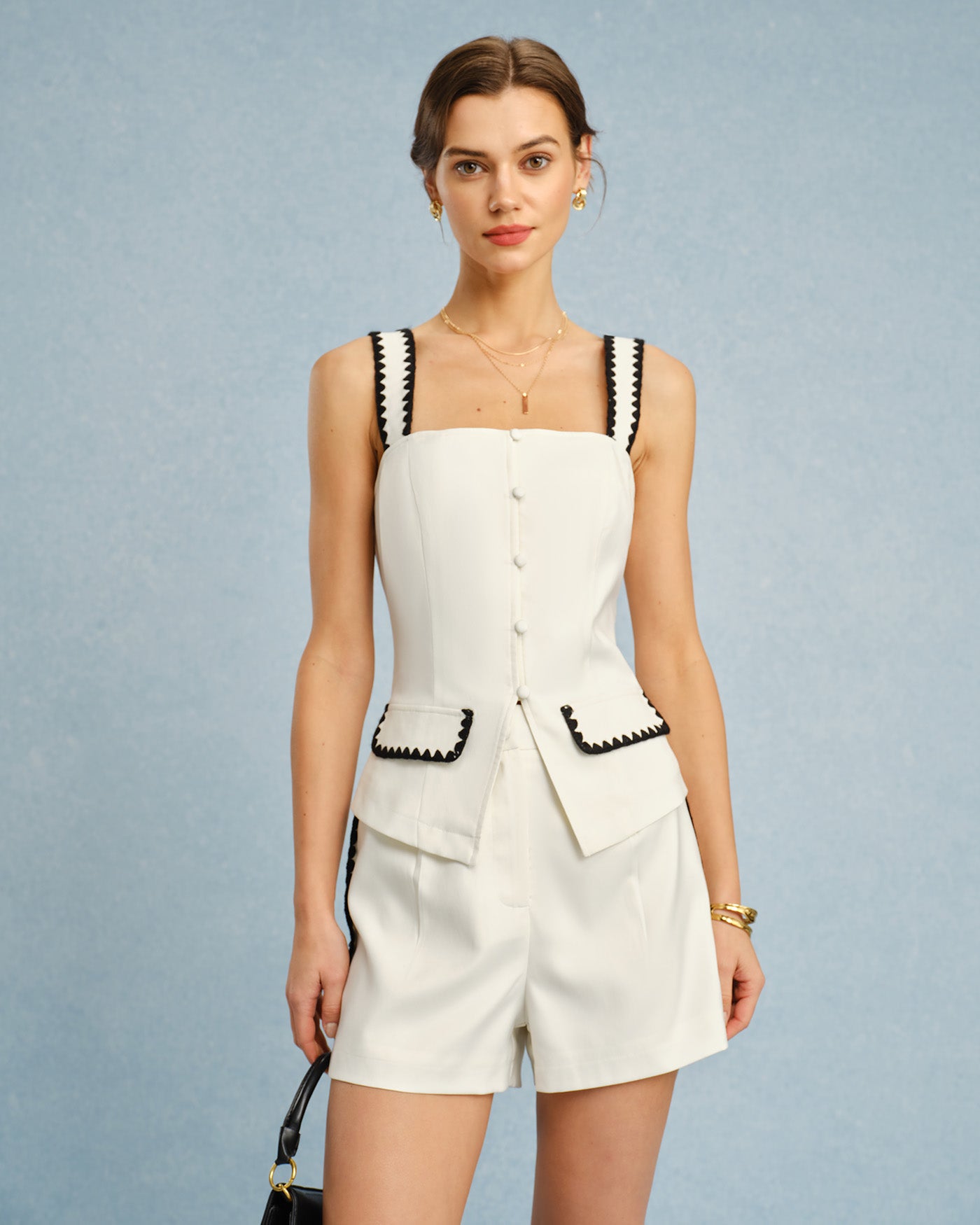 Beige Contrasting Button Shorts