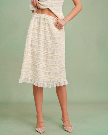 Apricot Elastic Waist Shirred Midi Skirt
