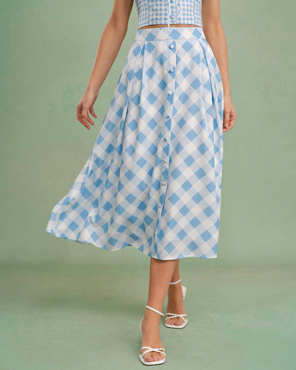 Blue Plaid Button Midi Skirt
