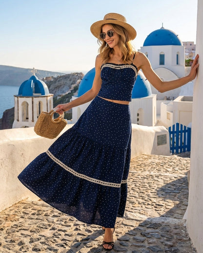 Navy Polka Dot Lace Midi Skirt