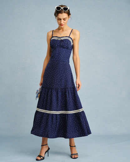 Navy Polka Dot Lace Midi Skirt