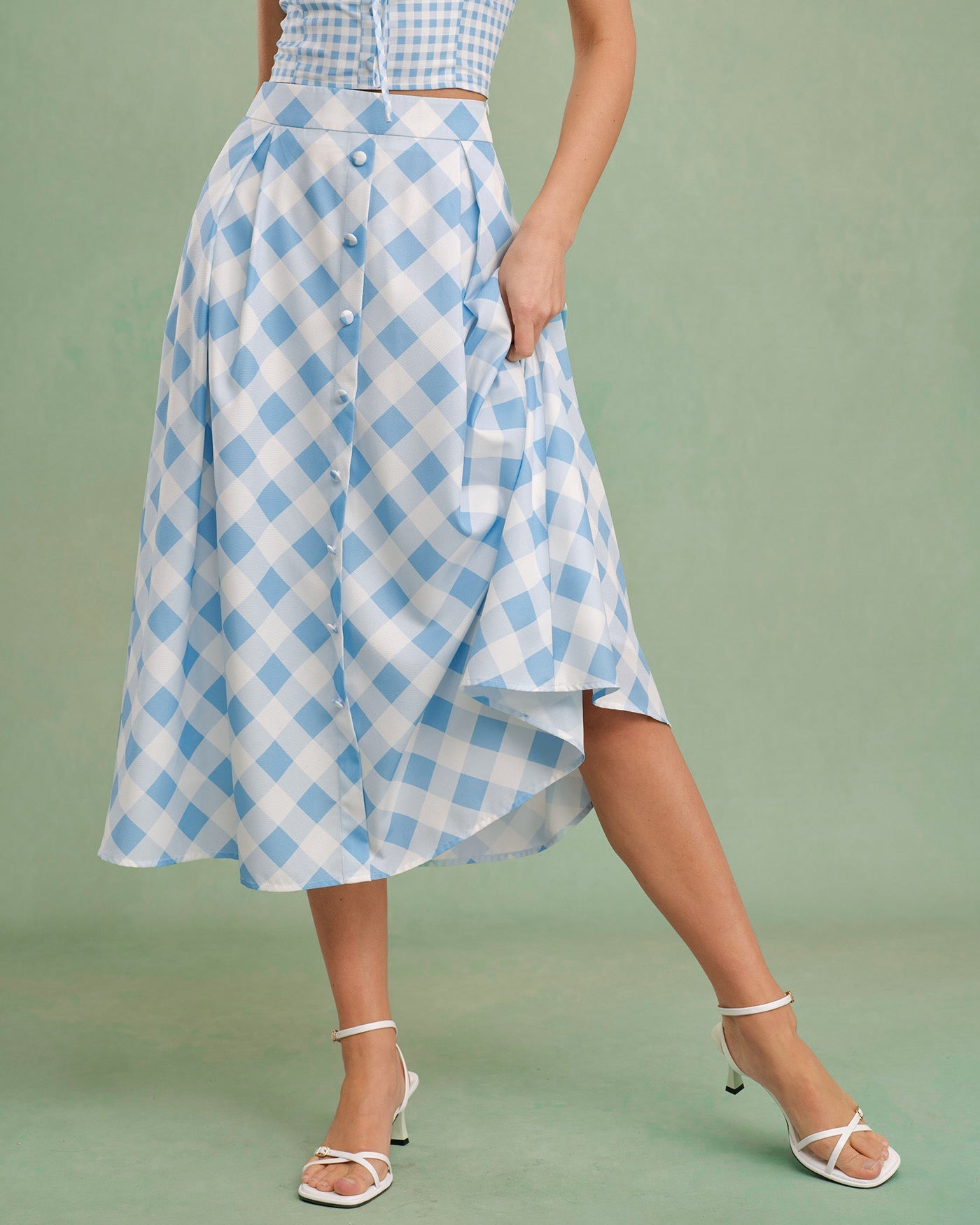 Blue Plaid Button Midi Skirt