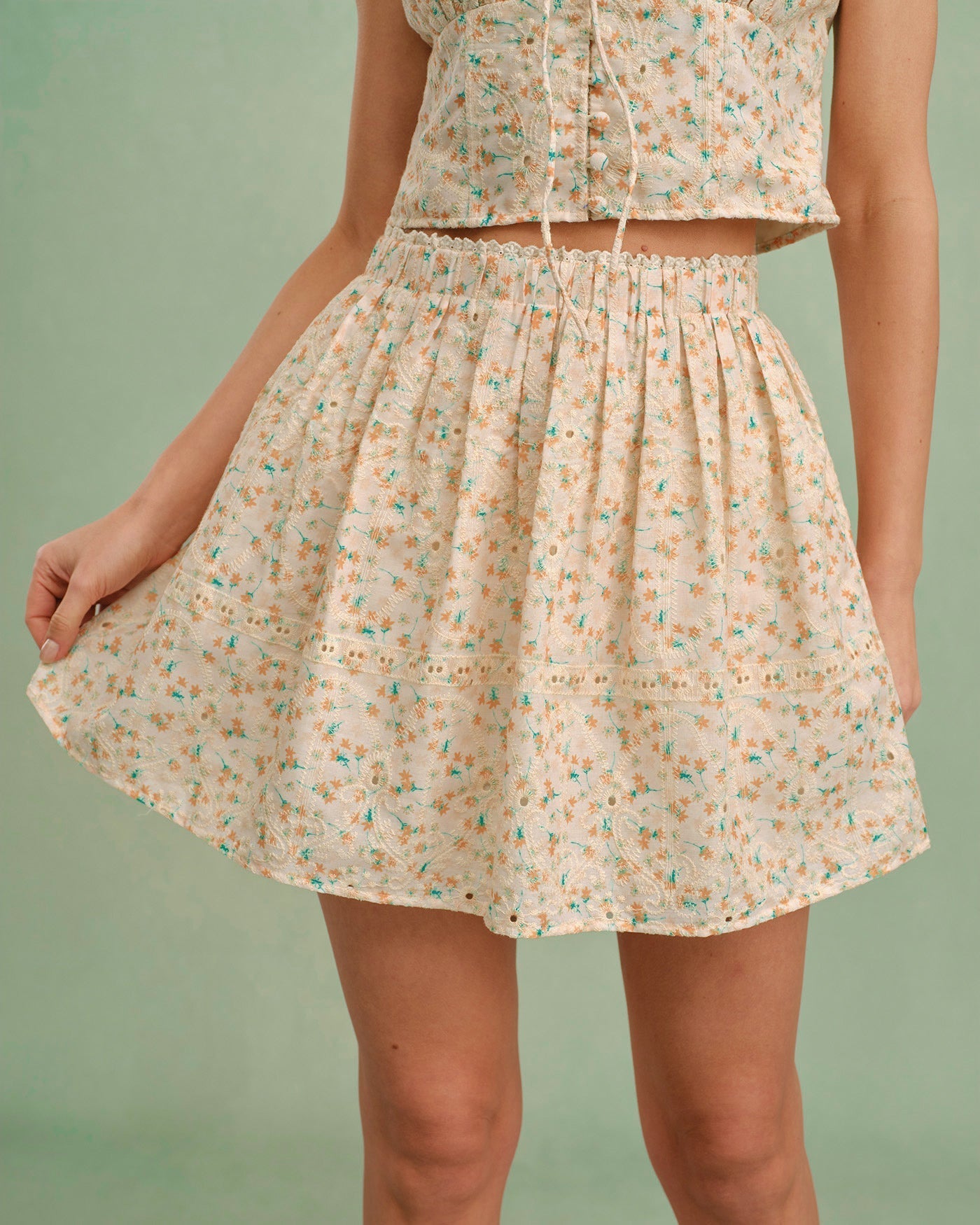 Yellow Embroidery Floral Mini Skirt