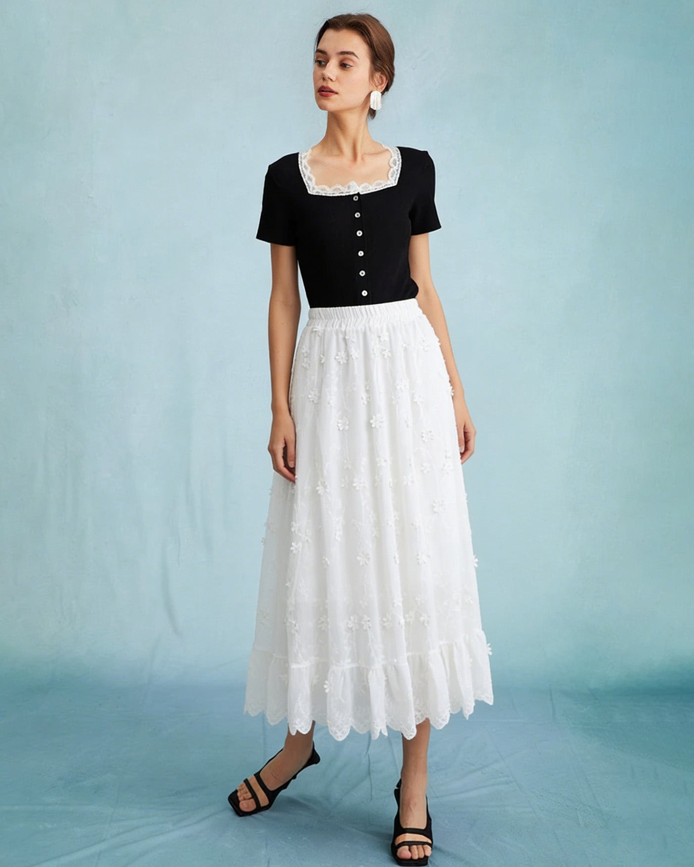 White Floral Elastic Waist Midi Skirt