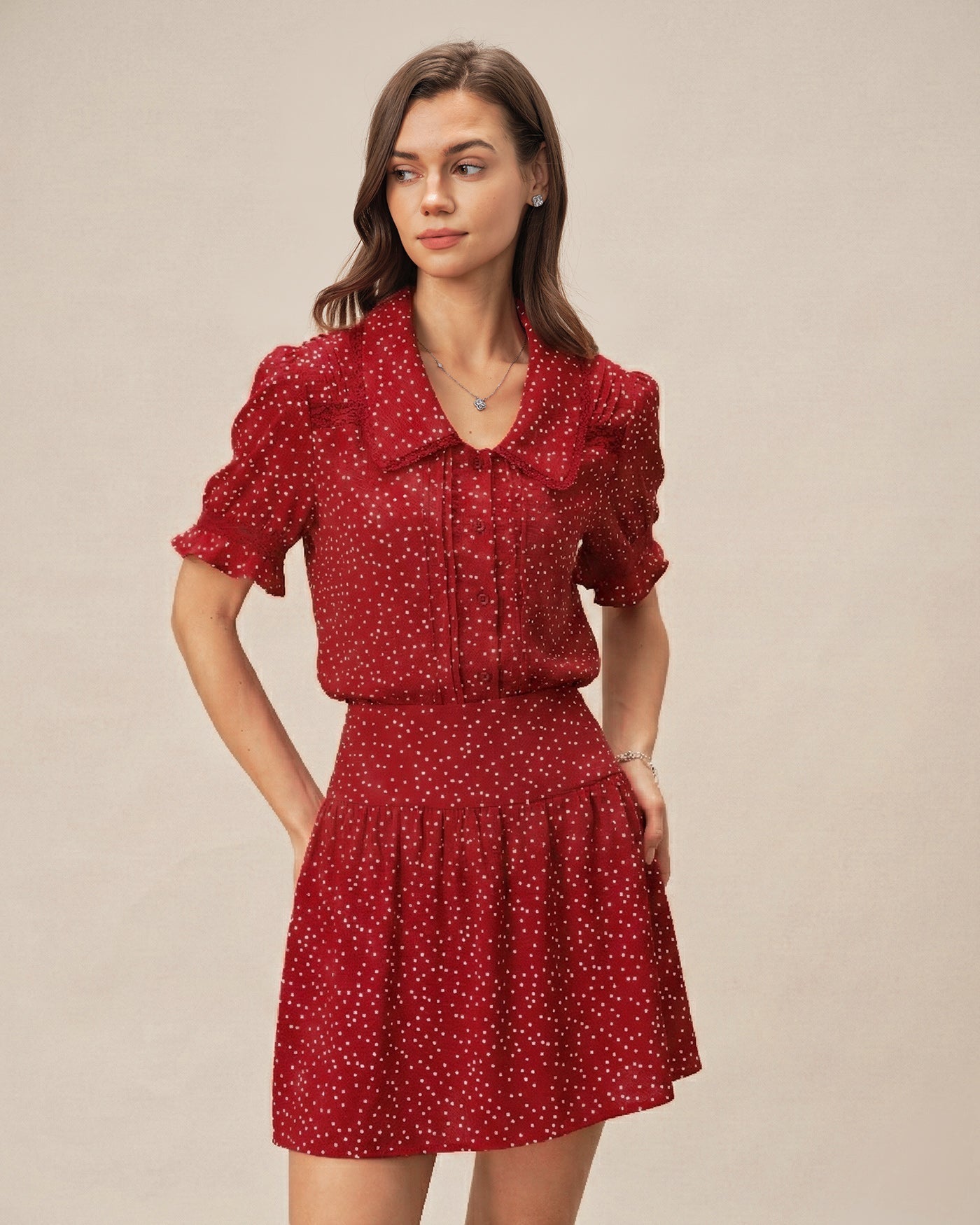 Red Polka Dot Ruched Mini Skirt