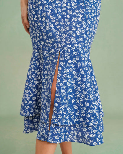 Blue Floral Mermaid Midi Skirt