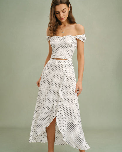 White Ruffle Polka Dot Midi Skirt