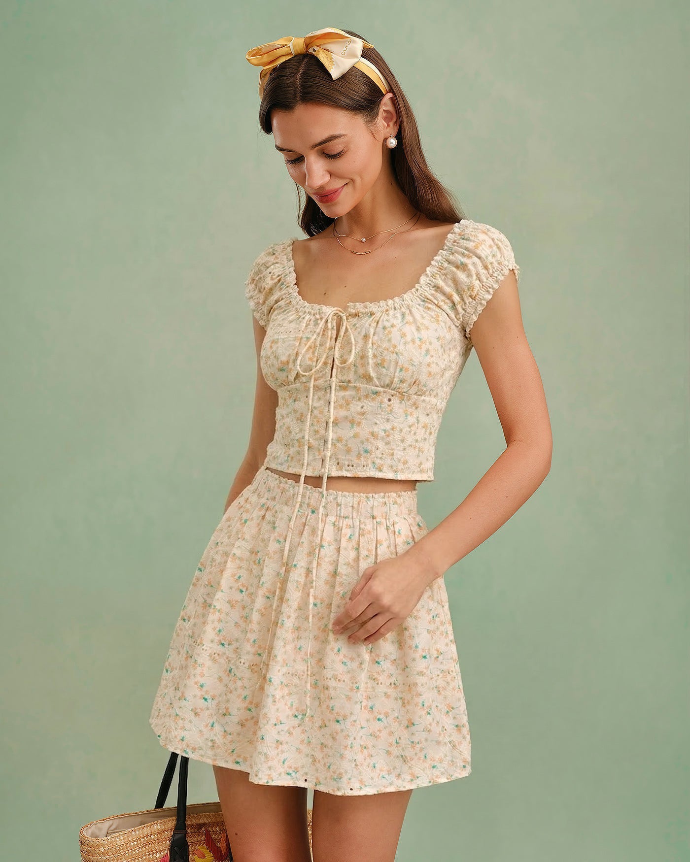 Yellow Embroidery Floral Mini Skirt