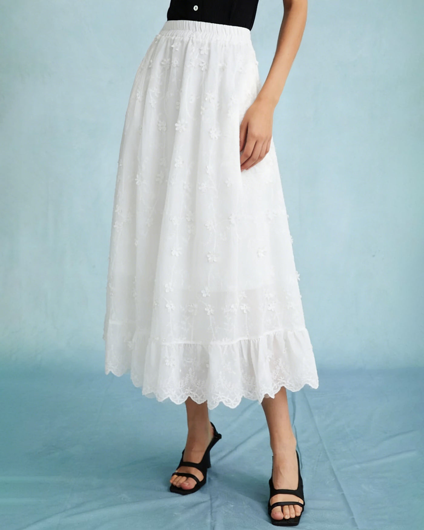 White Floral Elastic Waist Midi Skirt