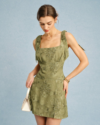Green Jacquard Sequins Mini Skirt