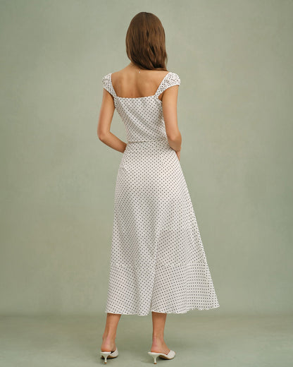 White Ruffle Polka Dot Midi Skirt