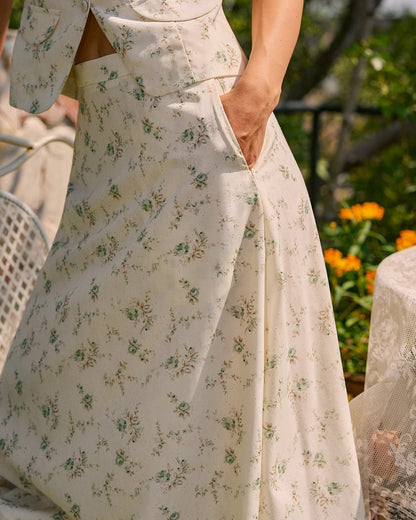 Green Floral Pockets Midi Skirt