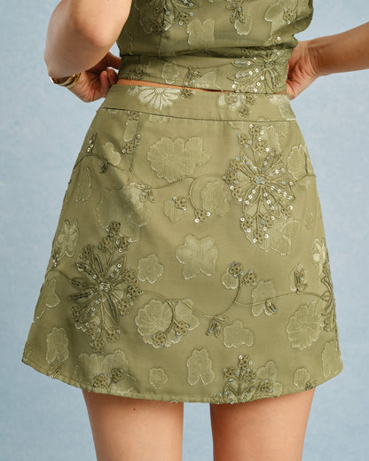 Green Jacquard Sequins Mini Skirt