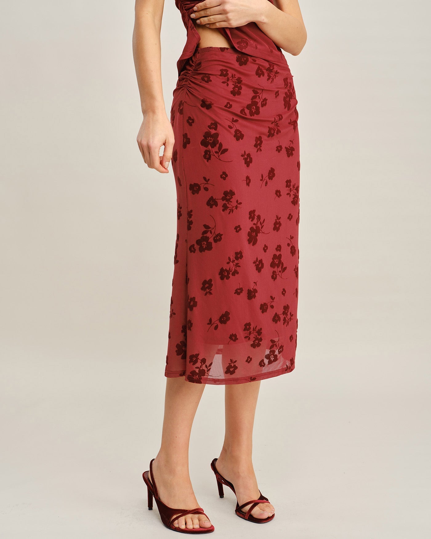 Red Floral Mermaid Midi Skirt