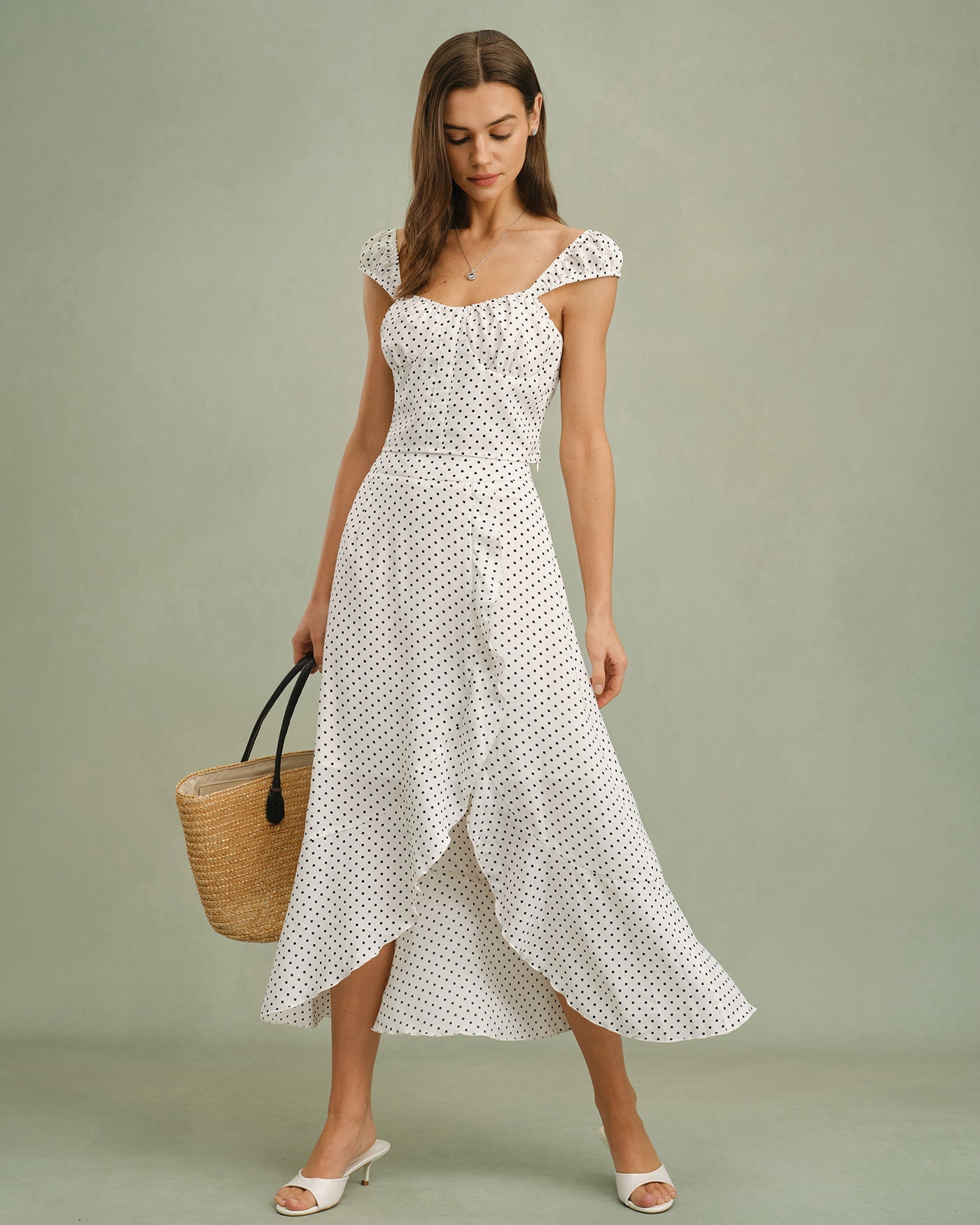 White Ruffle Polka Dot Midi Skirt