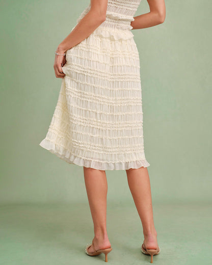 Apricot Elastic Waist Shirred Midi Skirt