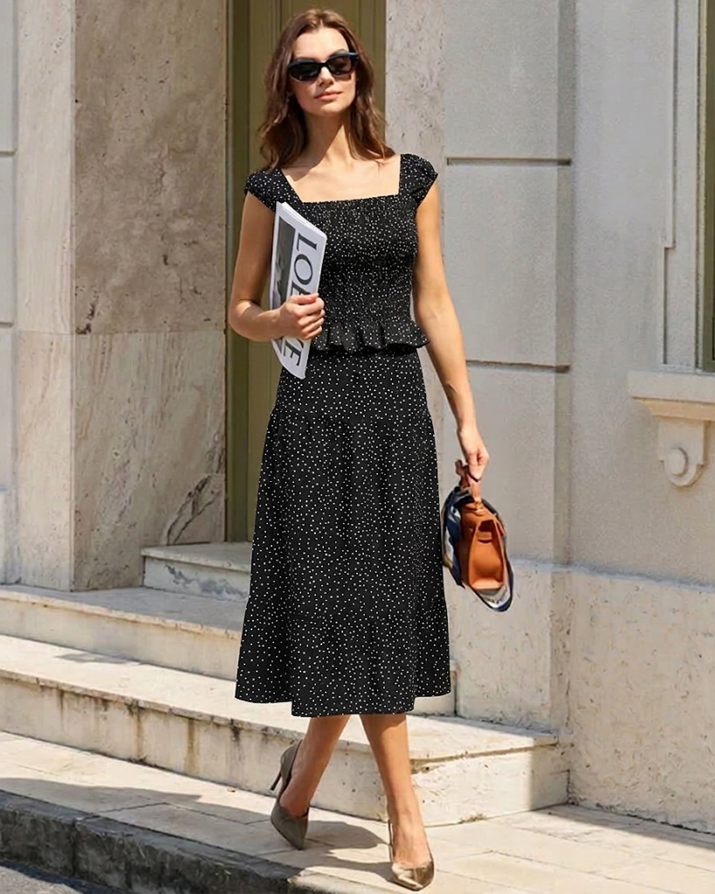 Black Polka Dot Ruched Midi Skirt