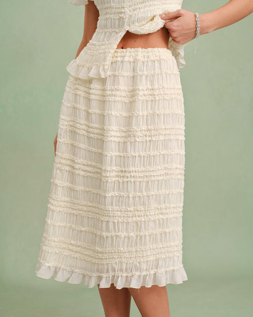 Apricot Elastic Waist Shirred Midi Skirt