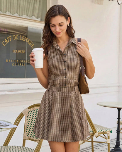 Brown Plaid Ruched Skirt