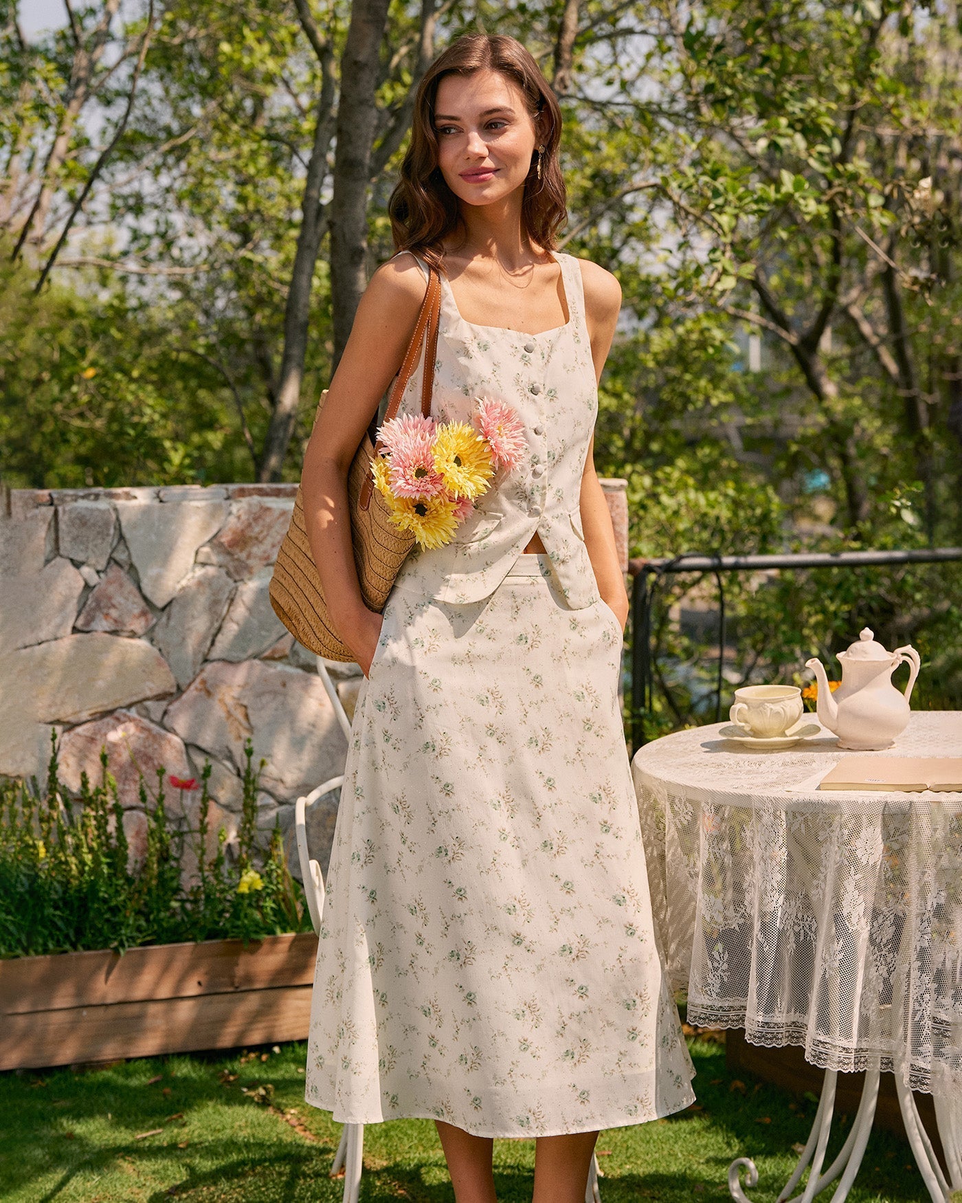 Green Floral Pockets Midi Skirt