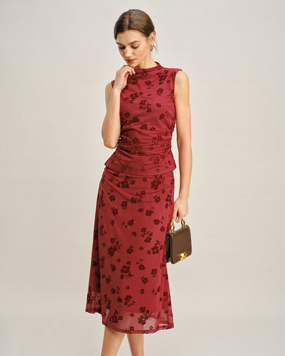 Red Floral Mermaid Midi Skirt