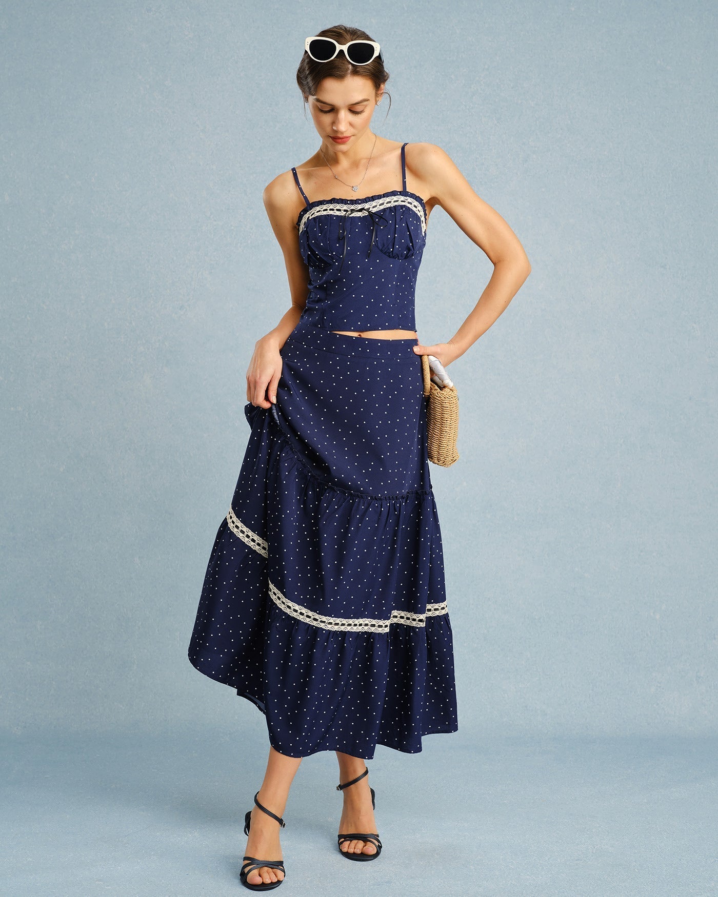 Navy Polka Dot Lace Midi Skirt