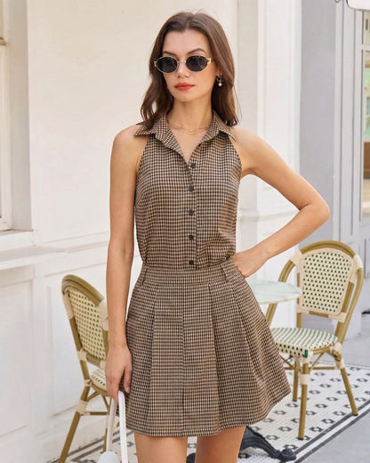 Brown Plaid Ruched Skirt