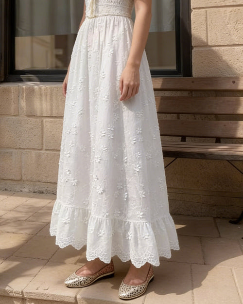 White Floral Elastic Waist Midi Skirt
