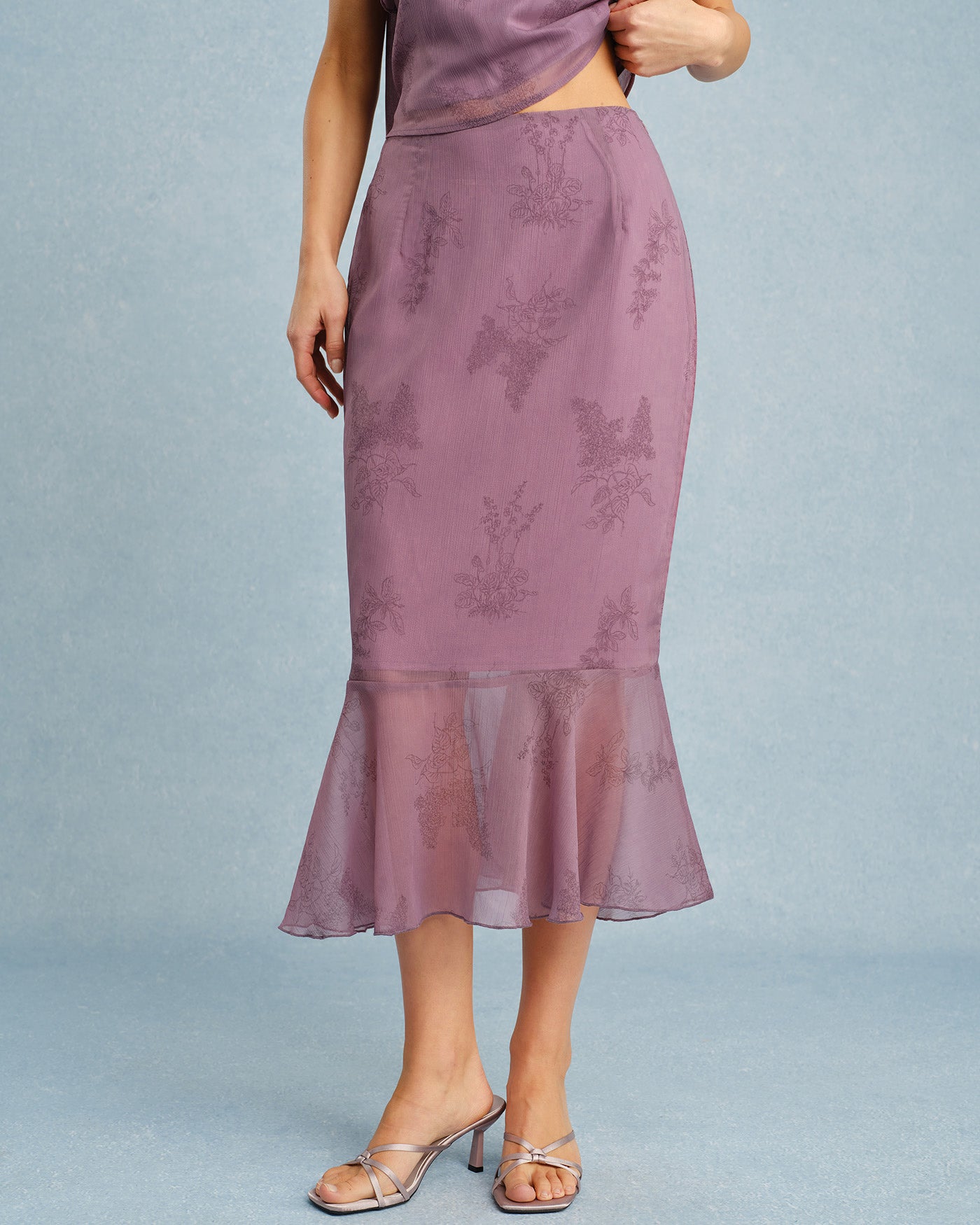 Purple Floral Mermaid Midi Skirt