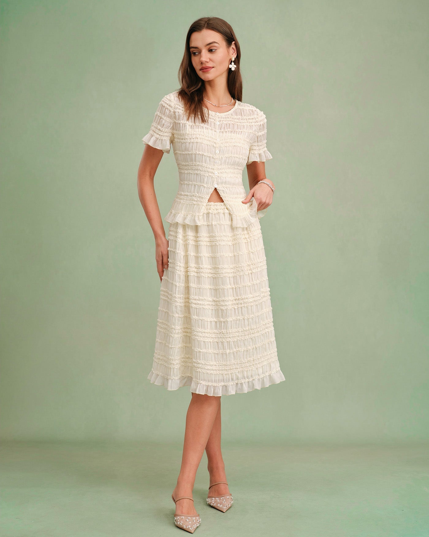 Apricot Elastic Waist Shirred Midi Skirt