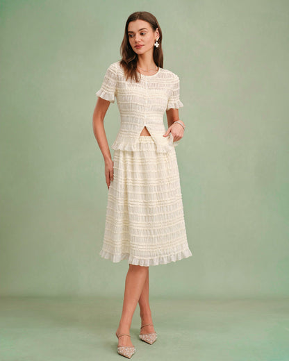 Apricot Elastic Waist Shirred Midi Skirt