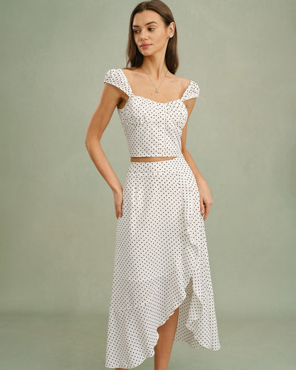 White Ruffle Polka Dot Midi Skirt