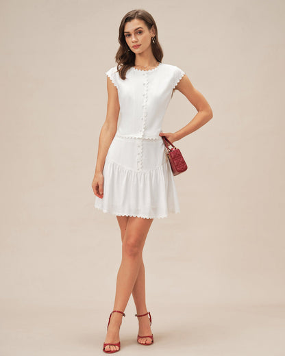 White Button Ruched Mini Skirt