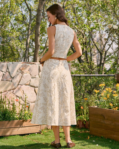 Beige Embroidery Midi Skirt