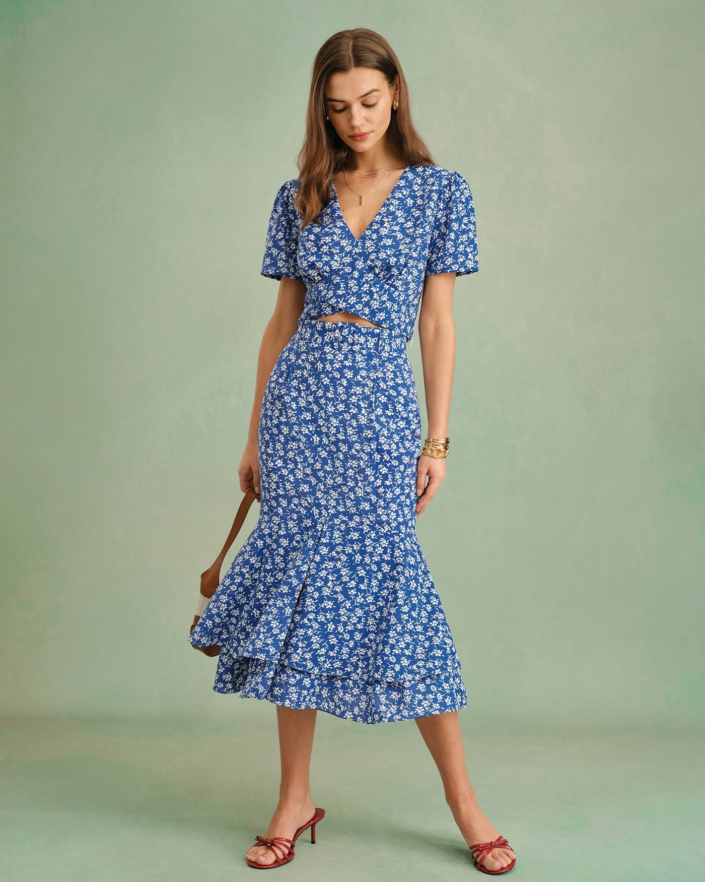 Blue Floral Mermaid Midi Skirt