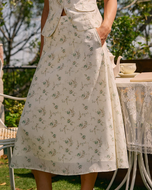 Green Floral Pockets Midi Skirt