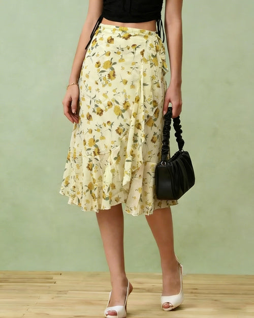 Light Yellow Floral Midi Skirt
