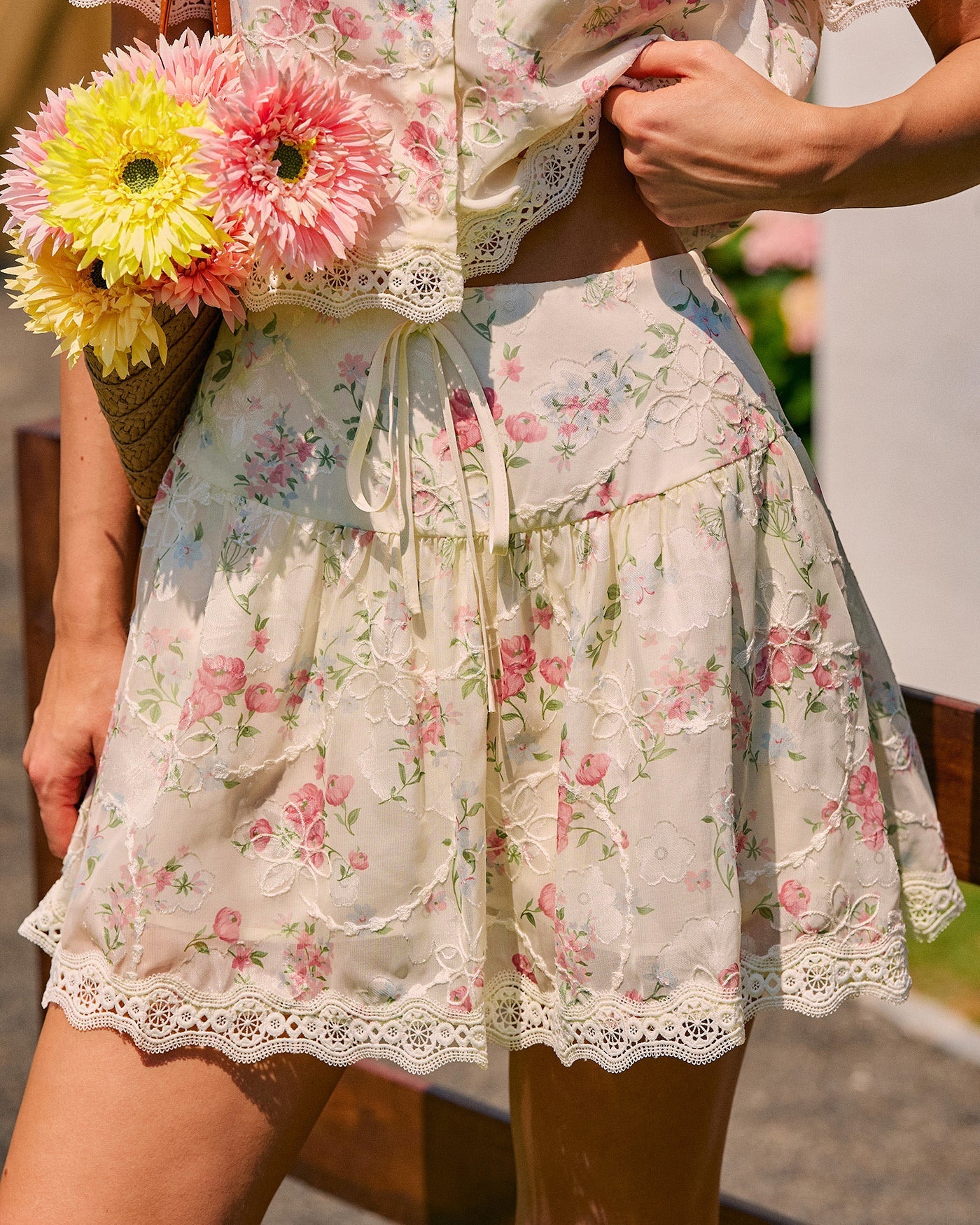 Floral Lace Tie Mini Skirt