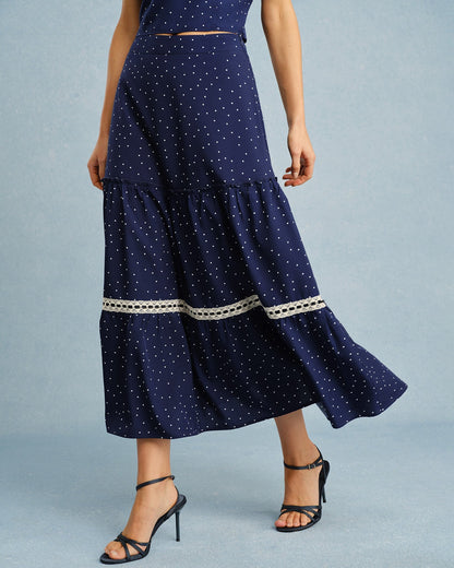 Navy Polka Dot Lace Midi Skirt