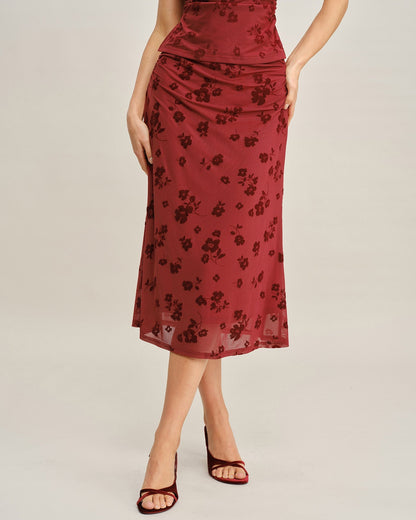 Red Floral Mermaid Midi Skirt