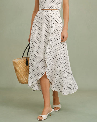 White Ruffle Polka Dot Midi Skirt