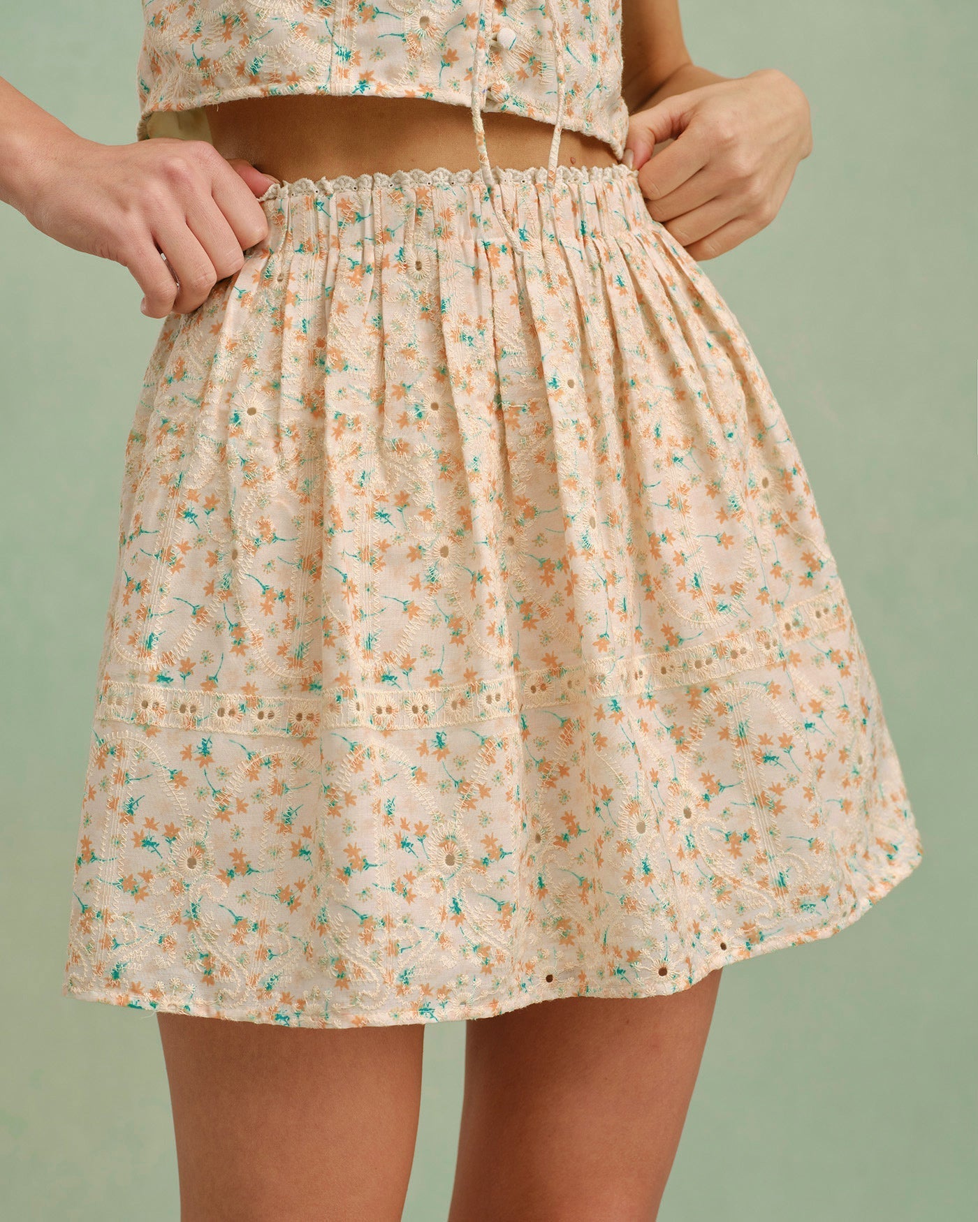 Yellow Embroidery Floral Mini Skirt