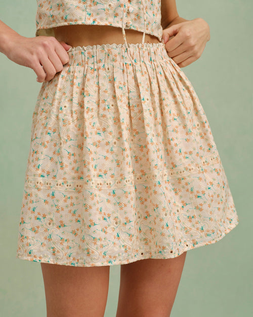 Yellow Embroidery Floral Mini Skirt