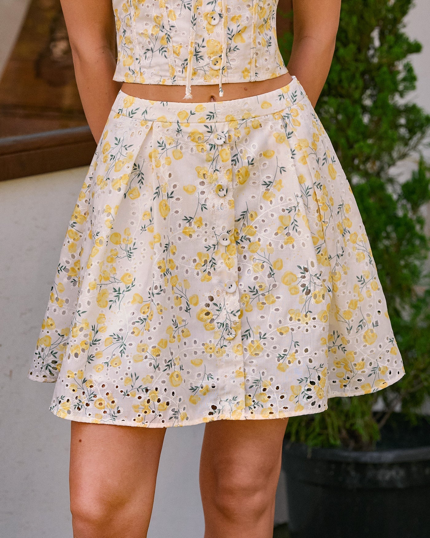 Yellow Floral Embroidery Mini Skirt