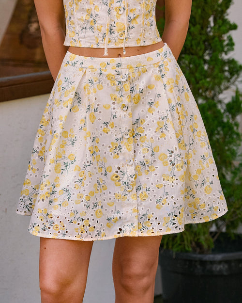 Yellow Floral Embroidery Mini Skirt