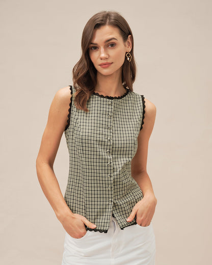 Apricot Boat Neck Plaid Tank Top