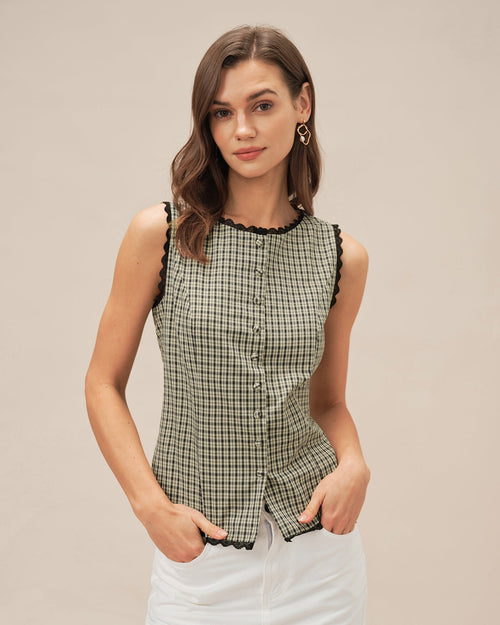Apricot Boat Neck Plaid Tank Top