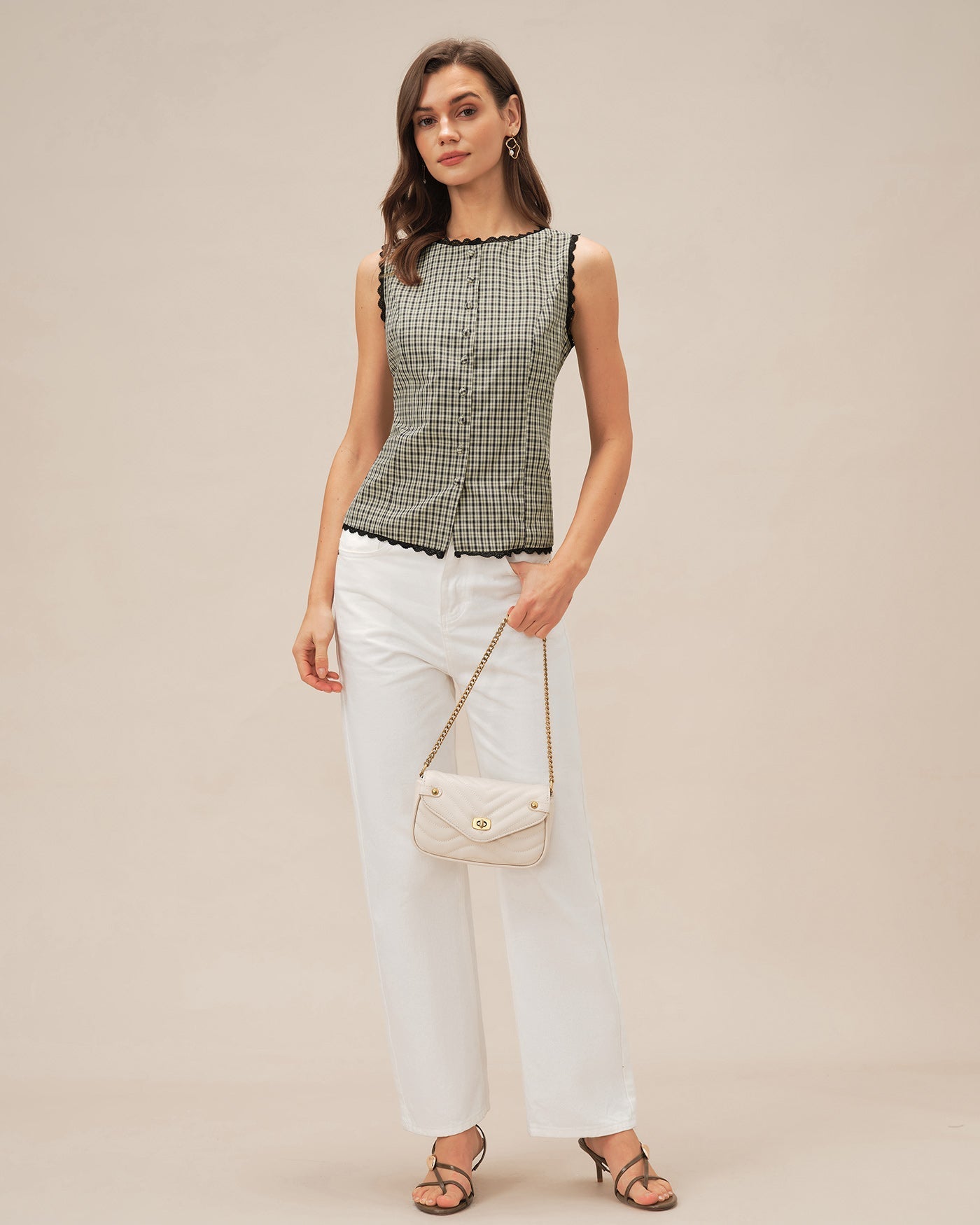 Apricot Boat Neck Plaid Tank Top