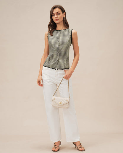 Apricot Boat Neck Plaid Tank Top